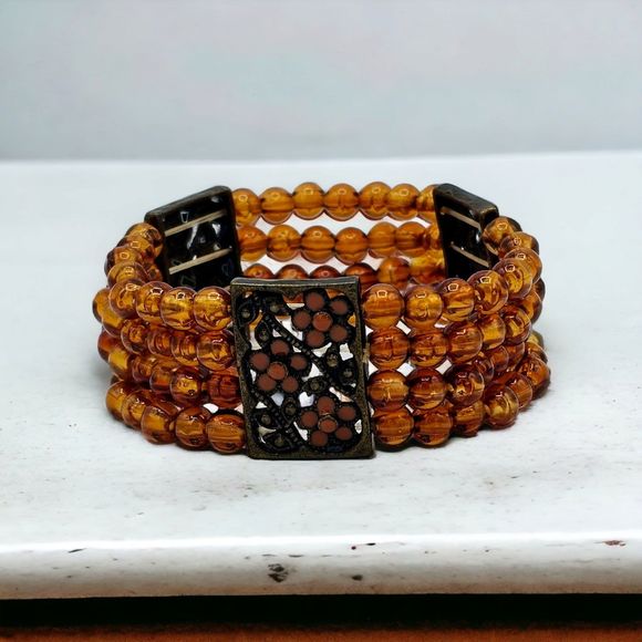 Autumn Bracelet Vintage Genuine Amber Bead Enamel Flowers Brass Filigree Stretch - Picture 10 of 10